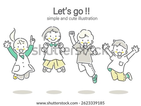 Children jumping into the future Simple and cute line drawing illustration