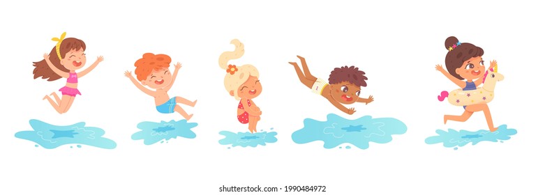 Niños saltando al agua en vacaciones de verano. Niños y niñas divertidos ilustrando vectores. Los niños disfrutan de las vacaciones junto al mar o de la piscina de fondo blanco.