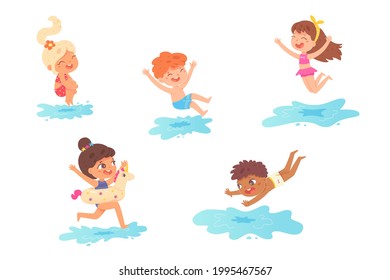 Children jumping into water on summer vacations set. Little boys and girls having fun vector illustration. Kids spending holidays in seaside or swimming pool on white background.