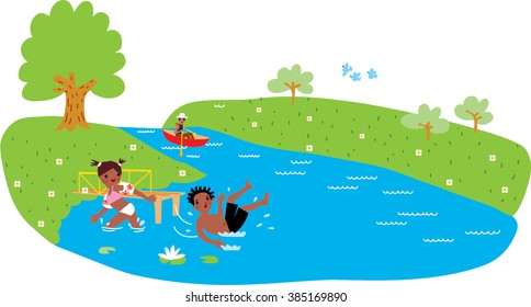 Children jumping into water from trampoline and swimming happily in river near to the edge. Next to them man rowing in a boat