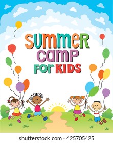 children are jumping ob summer background banner cartoon funny Ready for your message vector character. illustration