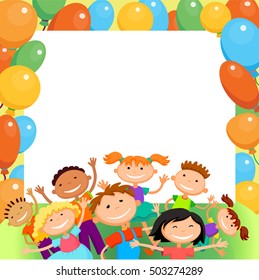 children are jumping ob summer background bunner cartoon funny Ready for your message vector character. illustration