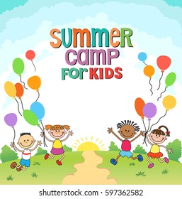 children are jumping ob summer background bunner cartoon funny Ready for your message vector character. illustration