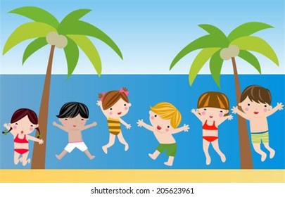 Children jumping on beach