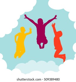 children jumping on clouds in the sky. Vector