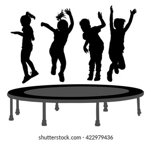 Children jumping on garden trampoline vector silhouette isolated on white. Joyful kids enjoying and smiling. Boys and girls play outdoor. Summertime entertainment. Happy birthday celebration.