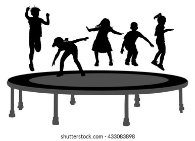 Children jumping on garden trampoline vector silhouette isolated on white. Joyful kids enjoying and smiling. Boys and girls play outdoor. Summertime entertainment. Happy birthday celebration.