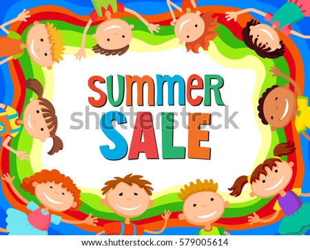 children are jumping on the glade, banner cartoon funny vector, Ready for your message. blank template character. illustration summer sale