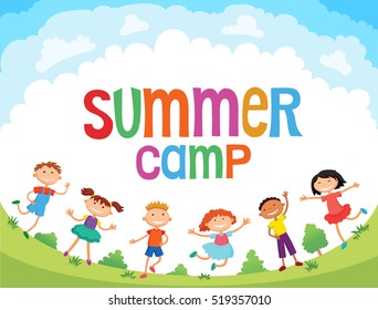 children are jumping on the glade, bunner cartoon funny vector, Ready for your message. blank template character. illustration summer camp