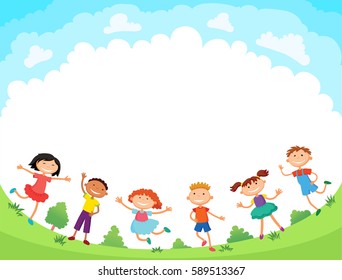 children are jumping on the glade, bunner cartoon funny vector, Ready for your message. blank template character. illustration