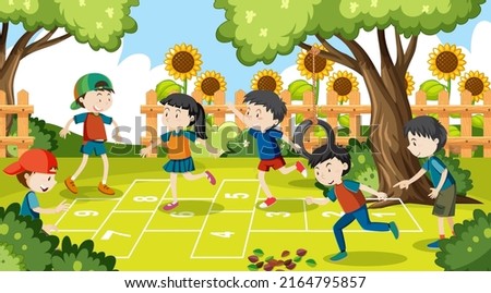 Children jumping on one leg following number illustration