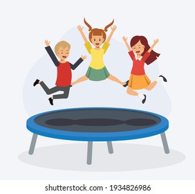 Children are Jumping On Trampoline. Happy Girls And Boy are Jumping Together On Trampoline. Happy Child Playing Trampoline. Flat vector cartoon character.