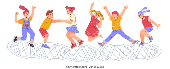 Children jumping on trampoline. Kids boys and girls trampolining, flat cartoon vector Illustration isolated on white background. Sports and entertainment for children.