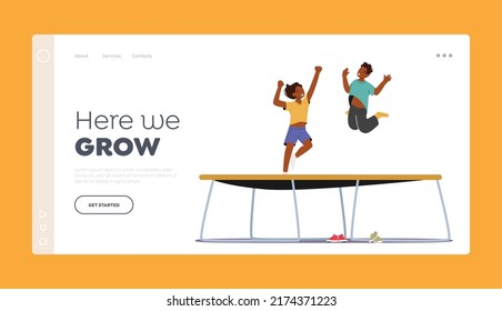 Children Jumping On Trampoline Landing Page Template. Little Black Boy And Girl Having Fun at Summer Vacation or Weekend. Kids Joy, Childhood, Characters Enjoy Life. Cartoon People Vector Illustration