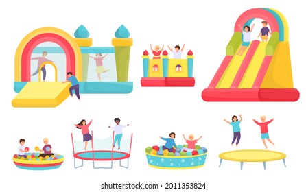 Children jumping on trampolines. Cartoon boys and girls in bouncy castle and inflatable trampoline. Kids in soft pool with balls vector set. Illustration children leisure and inflatable castle