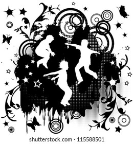 Children jumping over grunge background