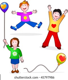 Children jumping or playing with colored balloons. Vector
