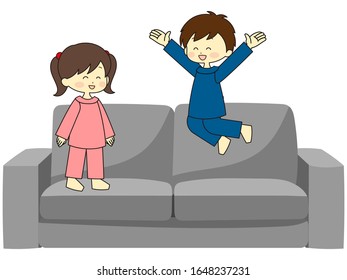 Children jumping and playing on the sofa