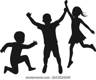 Children jumping and playing together Silhouette. Kids Playing Silhouette Vector. Jumping Children Silhouette Design.
