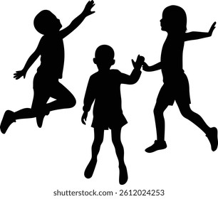 Children jumping and playing together Silhouette. Kids Playing Silhouette Vector. Jumping Children Silhouette Design.