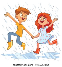 Children jumping in the rain  Kids walk in the rain without an umbrella  Colorful cartoon characters  Funny vector illustration  Isolated white background