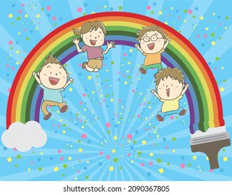 Niños saltando con un arco iris pintado mientras bailan confetti