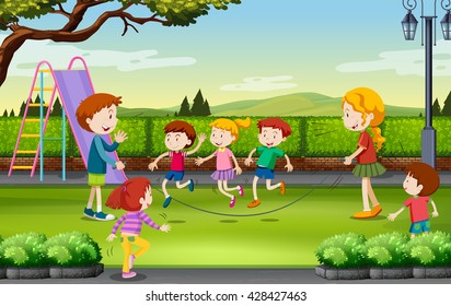 Children jumping rope in the park illustration