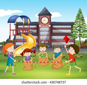 Children jumping sacks at school illustration
