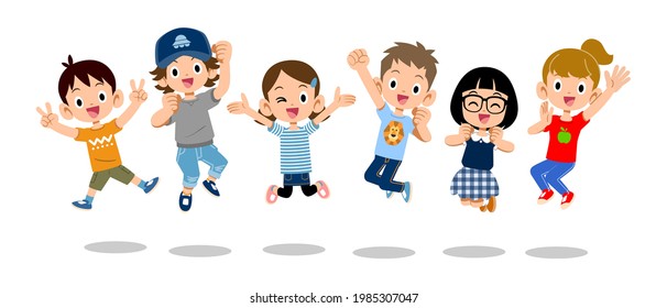 Children jumping in short-sleeved clothes