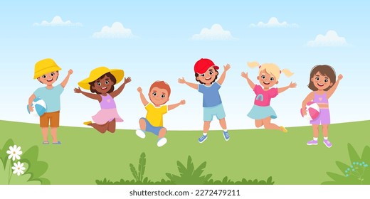 Children jumping at summer background. Happy kids playing, fun, friendship, and childhood concept. Vector illustration in cartoon flat style