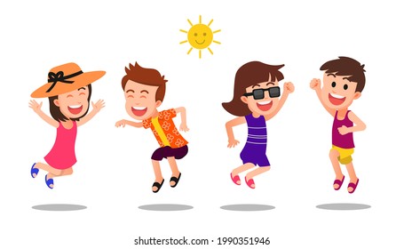 the children are jumping together and wearing summer clothes