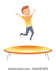 Children jumping trampoline. Kid jumping icon. Child activities design element. Indoor or outdoor fun, fitness jumping. Acrobatic and gymnastic exercises. Vector illustration