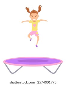 Children jumping trampoline. Kid jumping icon. Child activities design element. Indoor or outdoor fun, fitness jumping. Acrobatic and gymnastic exercises. Vector illustration