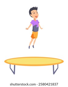 Children jumping trampoline. Kid jumping icon. Child activities design element. Indoor or outdoor fun, fitness jumping. Acrobatic and gymnastic exercises. Vector illustration