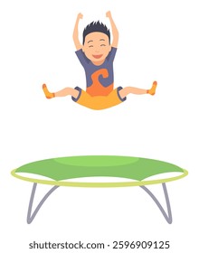 Children jumping trampoline. Kid jumping icon. Child activities design element. Indoor or outdoor fun, fitness jumping. Acrobatic and gymnastic exercises. Vector illustration