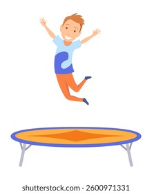 Children jumping trampoline. Kid jumping icon. Child activities design element. Indoor or outdoor fun, fitness jumping. Acrobatic and gymnastic exercises. Vector illustration