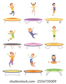 Children jumping trampolines. Kids jumping on trampoline. Happy boys, girls bouncing and having fun. Group outdoor activity cartoon vector set. Characters having leisure time and entertainment