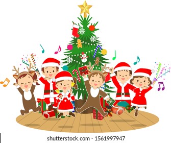 Children jumping wearing Christmas costumes