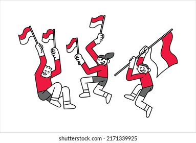 Children Jumping while Holding Flags Hand Drawn Character Illustration