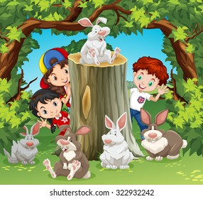 Children in the jungle with rabbits illustration