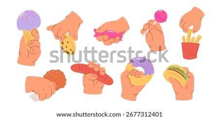 Children and junk food. Simple and cute illustration of kids hands holding lollipop, cookie, candy, donut for kids menu