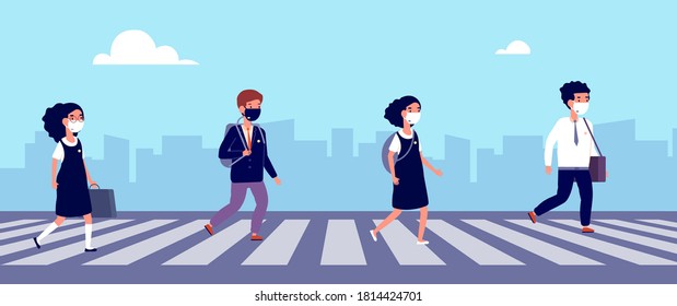 Children Keep Distance. Students Go To School In White Protective Masks. Protection From Viruses, Social Medical Safety In College For Kids Vector Illustration