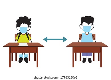 children keeping social distance in school classroom vector illustration design