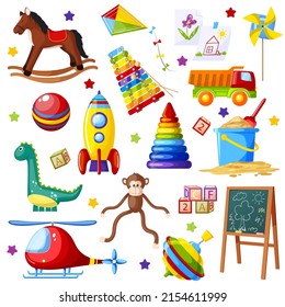 Children, kid, child, kindergarten, nursery toys set. Toy horse, dinosaur, pyramid, helicopter, xylophone, cubes, letters, truck. Play, game, ball, kite, bundle, monkey, bucket. Vector illustration