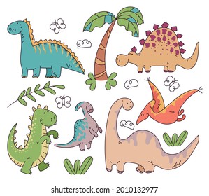 Children kid fun cartoon hand drawn doodle dinosaurs isolated set. Vector flat cartoon design illustration