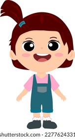 Children kid girl in an overalls dress and pink t-shirt. Vector illustration. girl cartoon.