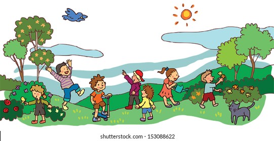 Children kid having a good time playing in sunny spring nature landscape field environment, create by cartoon vector 