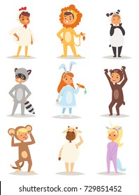 Children kids animal costumes vector characters Christmas party wearing fancy dress masquerade kids holiday isolated on white background illustration