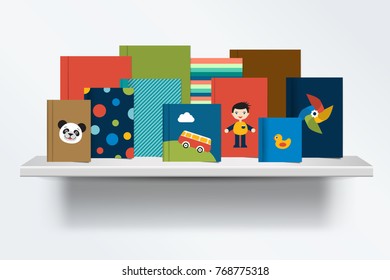 Children, kids Bookshelf. Front view of books cover standing on grey background with shadows. Vector illustration.