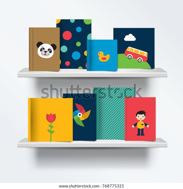 Children,\
kids Bookshelf. Front view of books cover standing on grey\
background with shadows. Vector\
illustration.